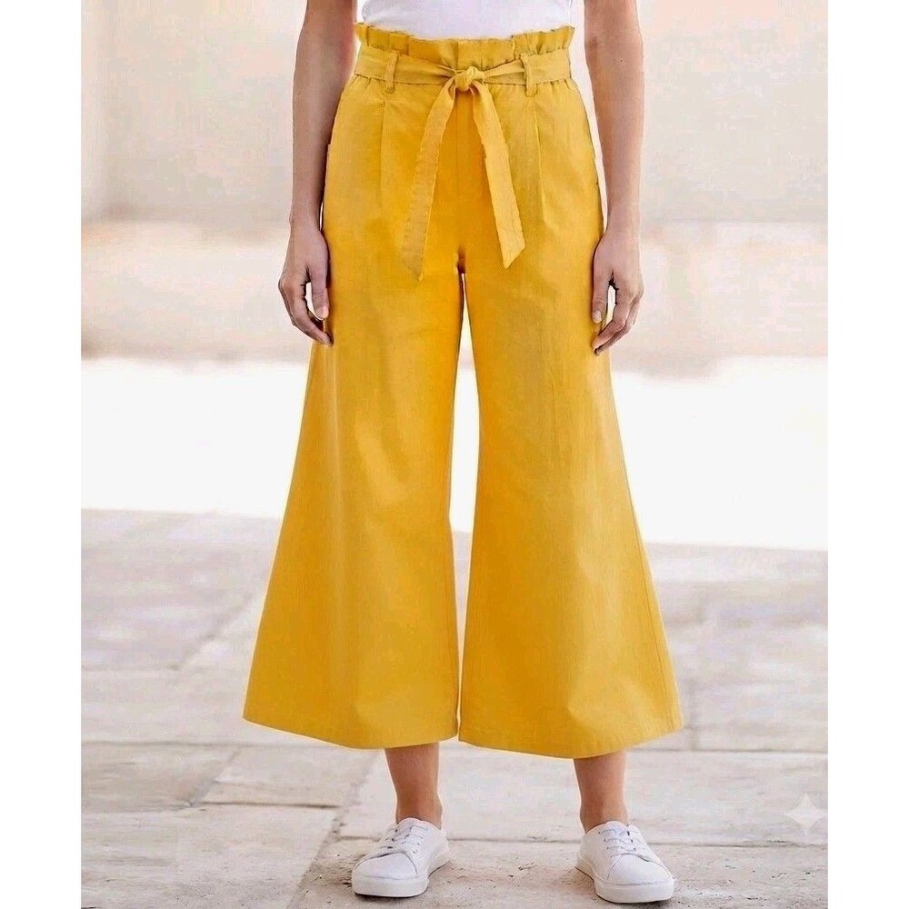English Factory Yellow Wide Leg Paperbag Waist Pants Women’s Size M Belted Crop
